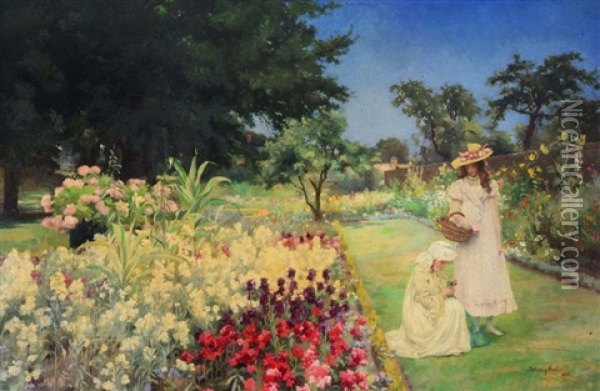 Two Young Girls In A Walled Flower Garden Oil Painting - John Shirley Fox