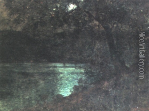 A Moonlit River Landscape Oil Painting - Luis Graner y Arrufi