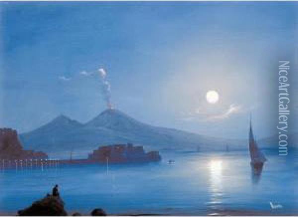 Veduta Notturna Di Posillipo E Castel Dell'ovo Oil Painting - B. Meuris