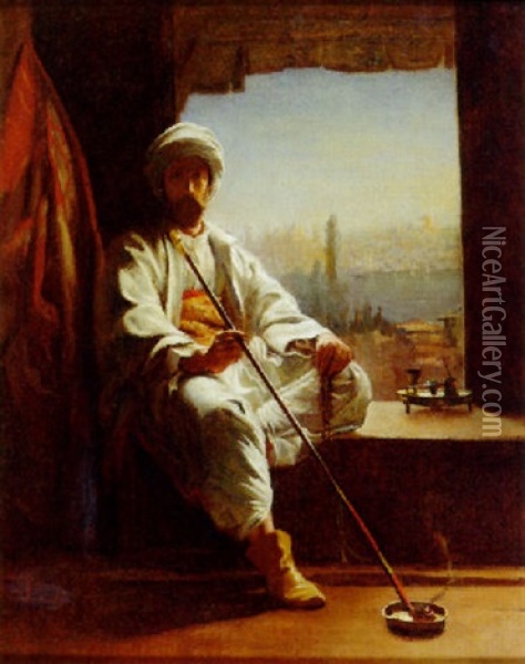 Man Smoking A Pipe, View Of Constantinople Beyond Oil Painting - Francois Theophile Etienne Gide
