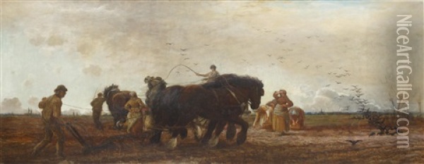 Ploughing, Figures And Horses At Work In A Field Oil Painting - Robert B. Farren
