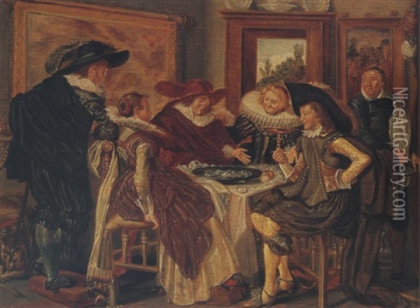 Interior With Elegant Figures Drinking And Eating Oysters Oil Painting - Dirck Hals