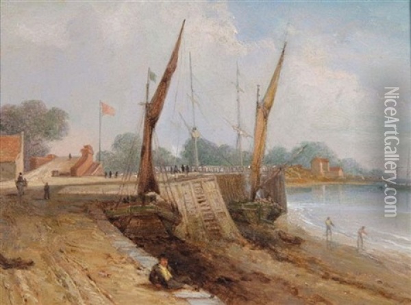 Sailing Vessels Moored At A Jetty Oil Painting - Augustus Wall (Sir.) Callcott