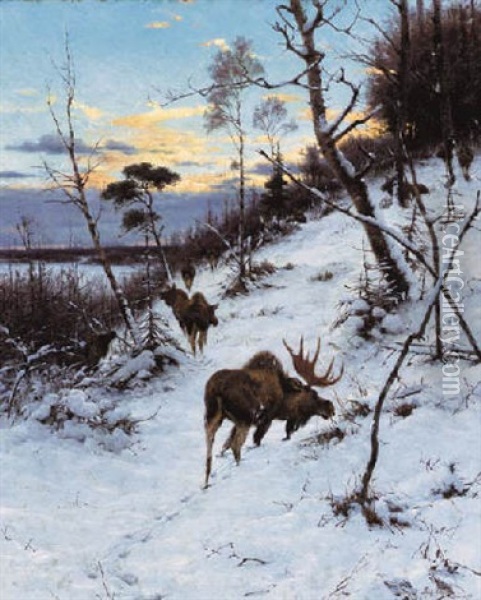 Moose In A Winter Landscape Oil Painting - Richard Bernhardt Louis Friese