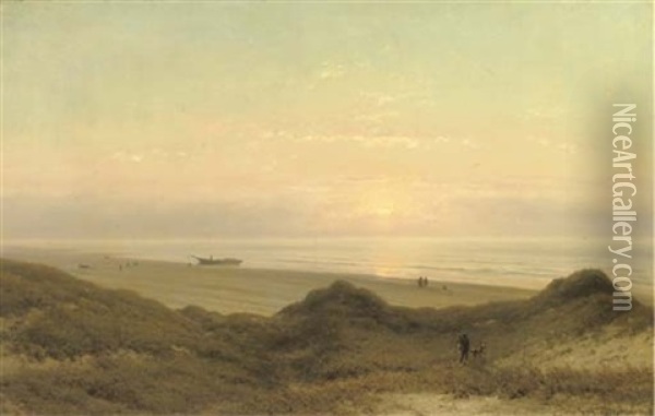 On The Beach At Sunset Oil Painting - Johannes Joseph Destree