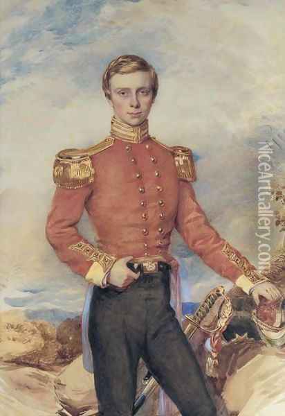 Portrait of an Infantry Officer, three-quarter-length, standing in a rugged landscape Oil Painting - John Hoppner