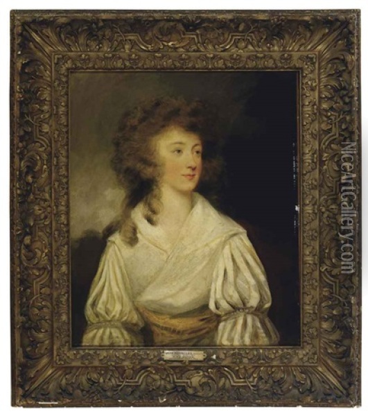 Portrait Of Mrs Guyon, Wearing A White Dress Oil Painting - Sir John Hoppner
