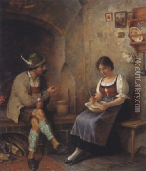 Unterhaltung In Der Bauernkuche Oil Painting - Alois Heinrich Priechenfried