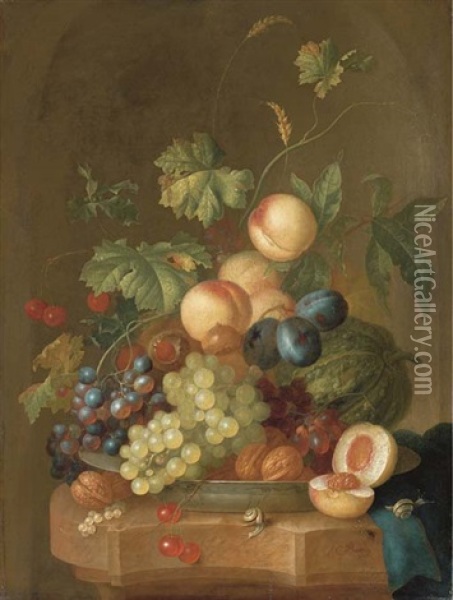 Grapes, Cherries, Plums, Peaches, Walnuts And A Melon In A Porcelain Bowl On A Partly-draped Ledge With A Halved Peach And Two Snails Oil Painting - Johannes Christianus Roedig