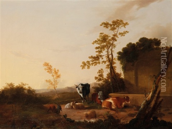 Cattle Beside A Cistern With A Hilly Landscape Beyond Oil Painting - James Baker Pyne