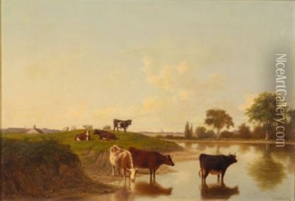 Cattle Watering Oil Painting - Thomas Hewes Hinckley