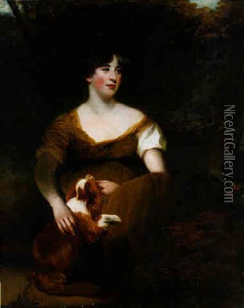 Portrait Of The Hon. Miss Emma Crewe Seated With Her Dog In A Landscape Oil Painting - Sir John Hoppner