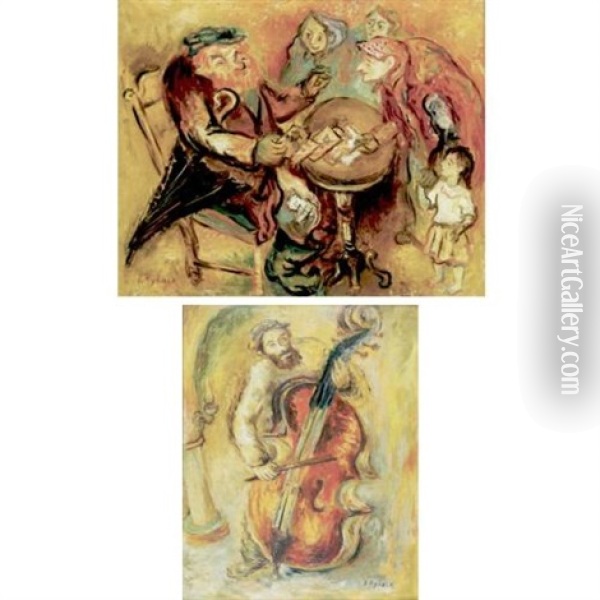 The Card Players (+ The Cello Player; 2 Works) Oil Painting - Issachar ber Ryback