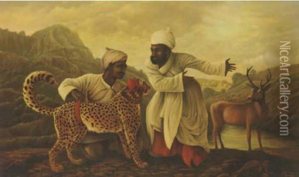 Two Men Training A Cheetah To Hunt Deer Oil Painting - Jean-Marie Delor