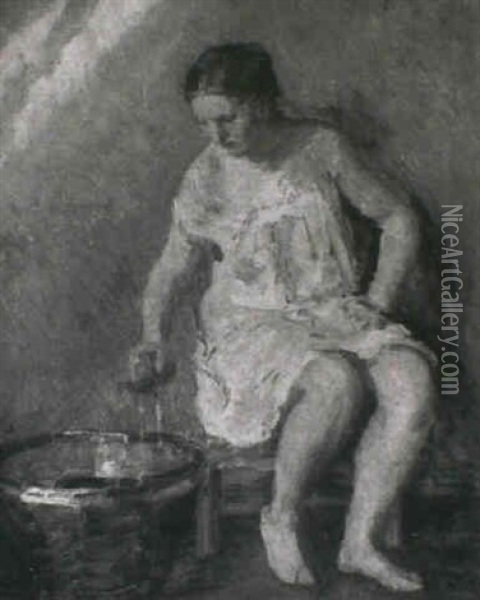 Ung Pige Der Vasker Sig, Morgenlys Oil Painting - Julius Paulsen