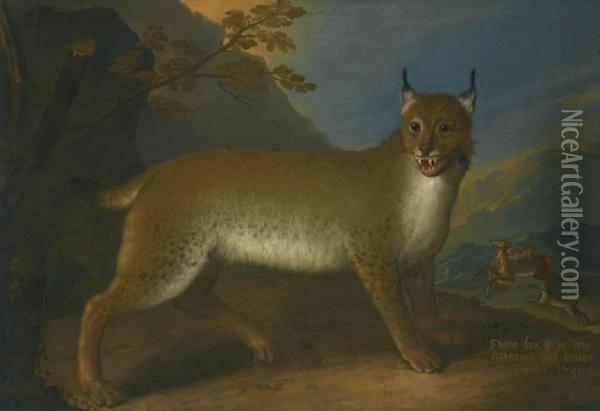 A Wild Lynx In A Landscape Oil Painting - Heinrich Lihl