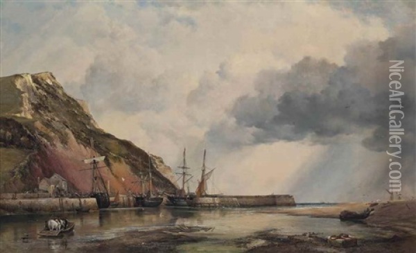 Axmouth Harbour, Devon, Low Water Oil Painting - Edward William Cooke