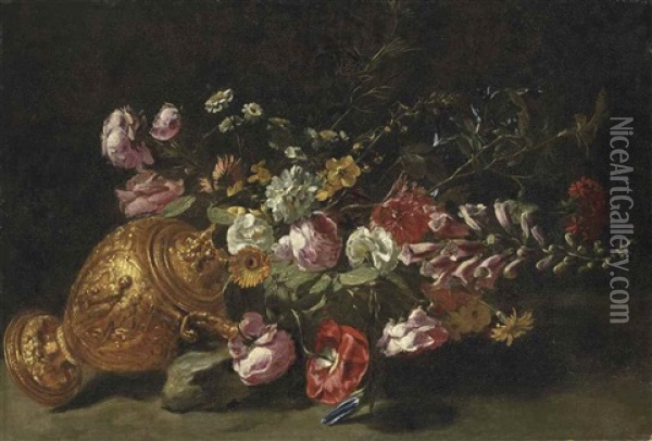 Foxgloves, Roses, Chrysanthemums And Other Flowers In An Upturned Bronze Urn, On A Stone Ledge Oil Painting - Jan Fyt