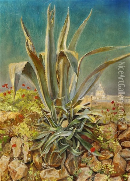 An Agave On A Stone Wall, In The Background St. Peter's Basilica Oil Painting - P.H. Kristian Zahrtmann