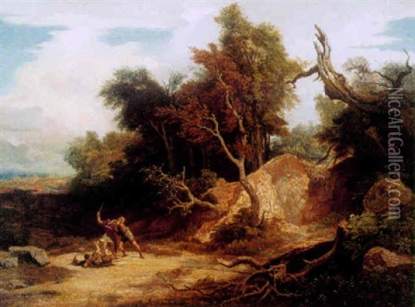 A Rocky Wooded Landscape With Brigands In The Foreground Oil Painting - Johann Wilhelm Schirmer