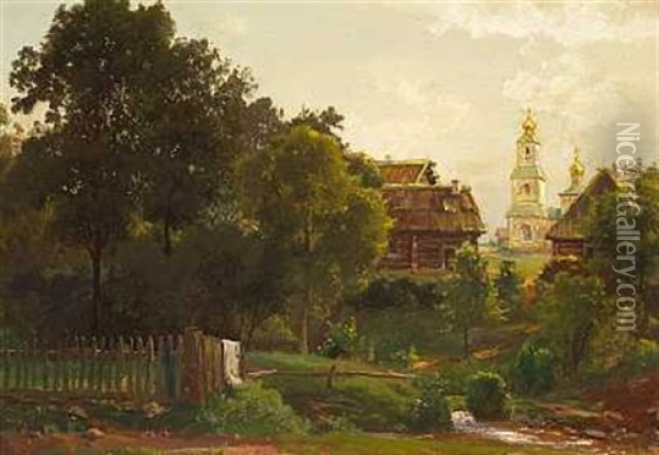 Russisk Landsby. I Baggrunden En Kirke Med Tarne Oil Painting - Lev L'vovich Kamenev