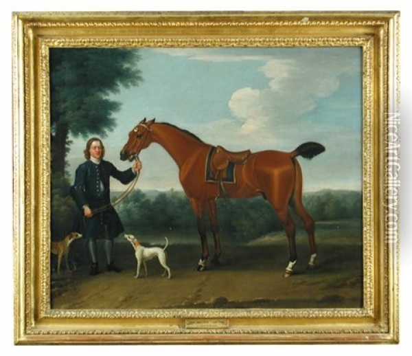 Bay Malton (1760-1786), A Bay Racehorse Owned By The Marquis Of Rockingham, Held By His Groom, With Two Greyhounds Alongside Oil Painting - Francis Sartorius the Elder