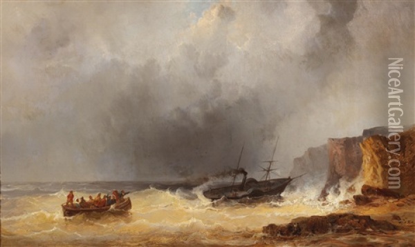 Steamship In Distress At Sea By A Rocky Coast Oil Painting - Josef Karl Berthold Puettner