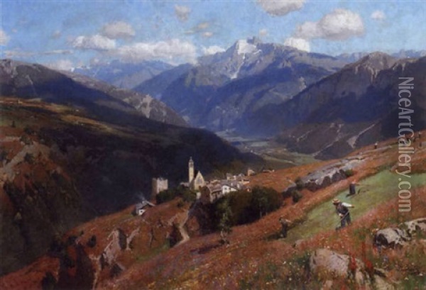 A Summer's Day In The Mountains With Figures Reeping Hay Oil Painting - Carl Julius E. Ludwig