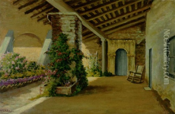 A Flower Garden Off The Veranda, Monterey Oil Painting - William C. Adam