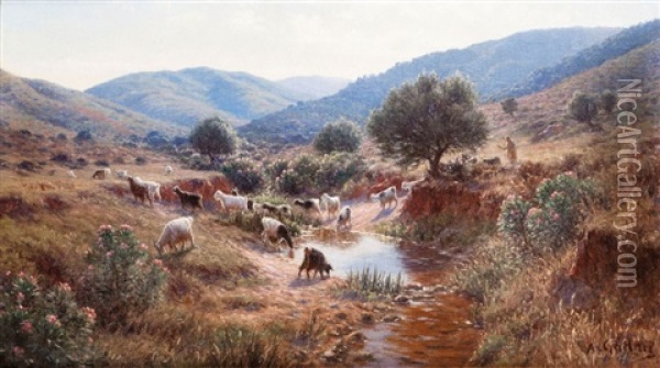 Troupeau Dans Un Oasis Oil Painting - Antoine Gadan