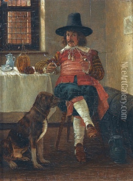 Interieur Mit Rauchendem Herrn Und Hund Oil Painting - Edmond Louyot