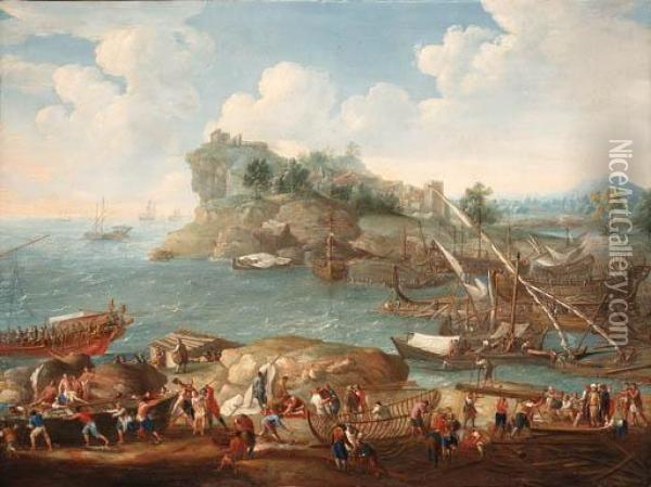 A Mediterranean Coastal Landscape With Levants And Shipbuilders Inthe Foreground Oil Painting - Lucas De Wael