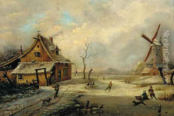 Figures in a frozen winter landscape with a windmill beyond Oil Painting - Henri Voordecker