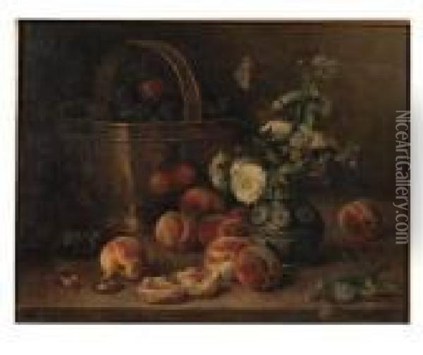 Wild Flowers, Peaches And Plums In A Copper Basket Oil Painting - Eugene Henri Cauchois