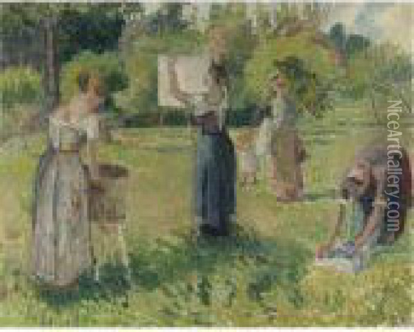 Les Laveuses A Eragny, Esquisse Oil Painting - Camille Pissarro