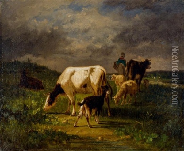 Vaches Et Troupeaux Sous Un Ciel Orageux Oil Painting - Constant Troyon