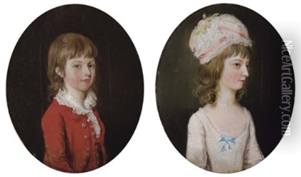 Portrait Of A Young Boy In A Red Coat And White Collar (+ Portrait Of A Young Girl In A White Dress, Wearing A White Cap With Flowers And Light Pink Ribbons; Pair) Oil Painting - Thomas Hickey