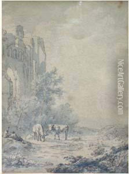 Couple De Bergers Dans Un Paysage De Ruines Oil Painting - Barend Cornelis Koekkoek