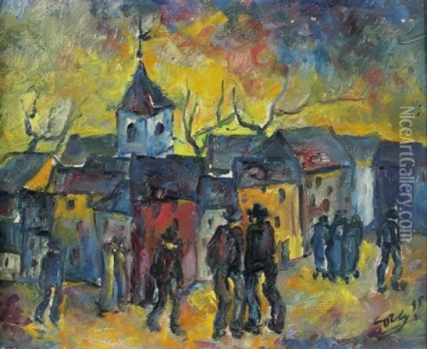 Abendliche Stimmung Mit Mannern Vor Einem Dorf Oil Painting - Giovanni-Battista Corti