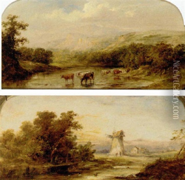 Cows Watering In A River Landscape Oil Painting - Henry (Sr.) Earp