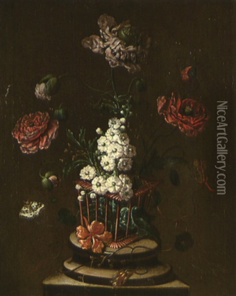 Blumenstillleben Mit Schmetterlingen Oil Painting - Johann Martin Metz