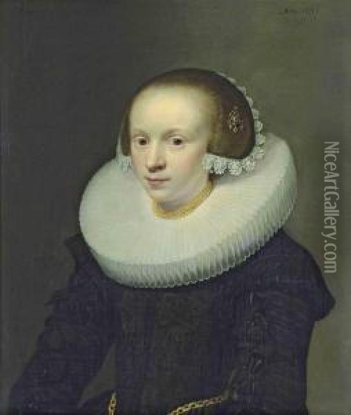 Portrait Of A Lady, Half-length, In A Black Dress With A Ruff, Gold Chains Around Her Neck And Waist, Oil Painting - Jan Anthonisz Van Ravesteyn