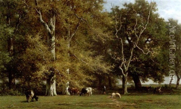 Interieur De Foret (souvenir De Fontainebleau): Cattle Grazing By Birch Trees, Fontainebleau Oil Painting - Willem Roelofs