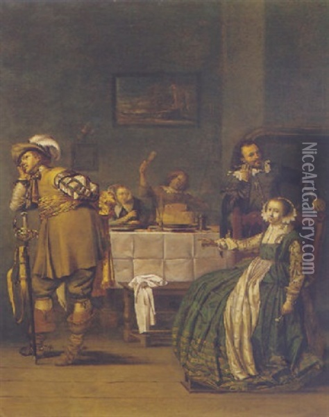 A Guardroomwith A Lady Seated At A Table Laid With Food And Drink, A Gentleman Smoking A Pipe, And A Soldier Turning His Back To The Party Oil Painting - Jacob Duck