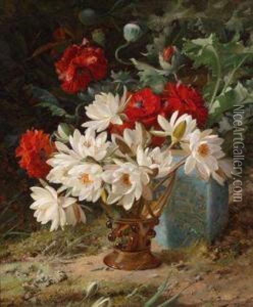 Blumenstillleben Mit Rotem Mohn Oil Painting - William Jabez Muckley