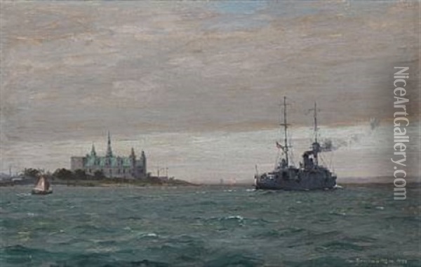 Seascape With The Danish Warship Heimdal And Kronborg Castle In The Background Oil Painting - Christian Benjamin Olsen