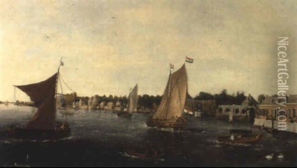 Bateaux Navigant Sur Une Riviere Bordant Des Maisons Oil Painting - Vincent Laurensz van der Vinne the Elder