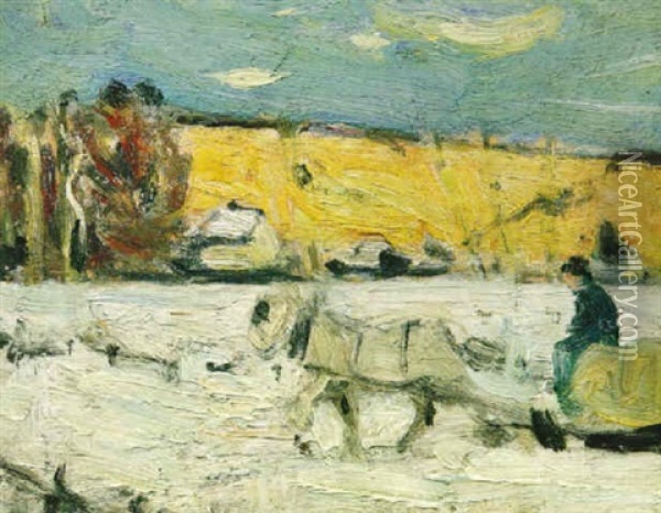 A Figure In A Horse-drawn Sleigh On A Country Road Oil Painting - James Wilson Morrice