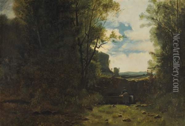 Waldlichtung Mit Wascherin An Brunnen Oil Painting - Gustave Eugene Castan