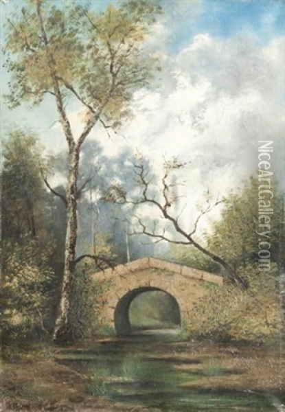 Paysage Au Pont Oil Painting - Eugene Jules Delahogue